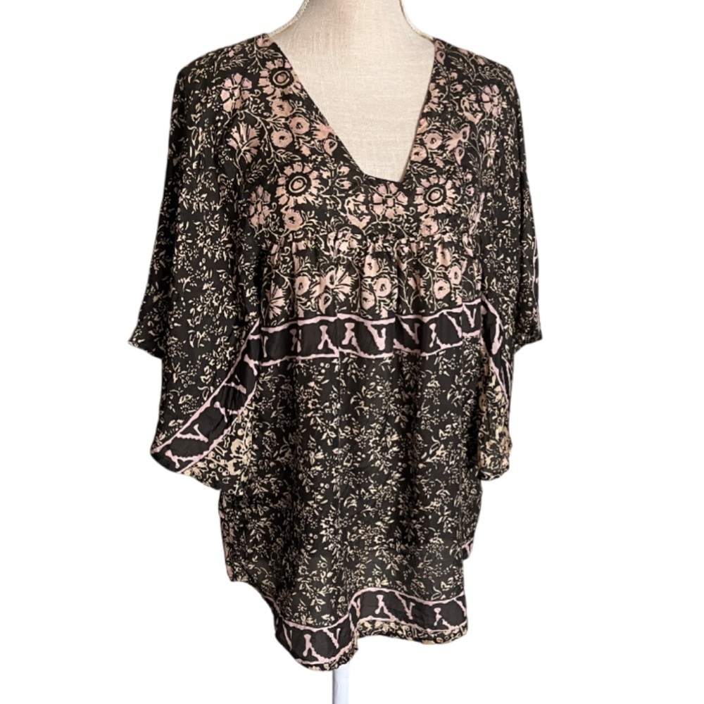 Sunner Black And Tan Floral Silk Kimono Sleeve Tunic Top